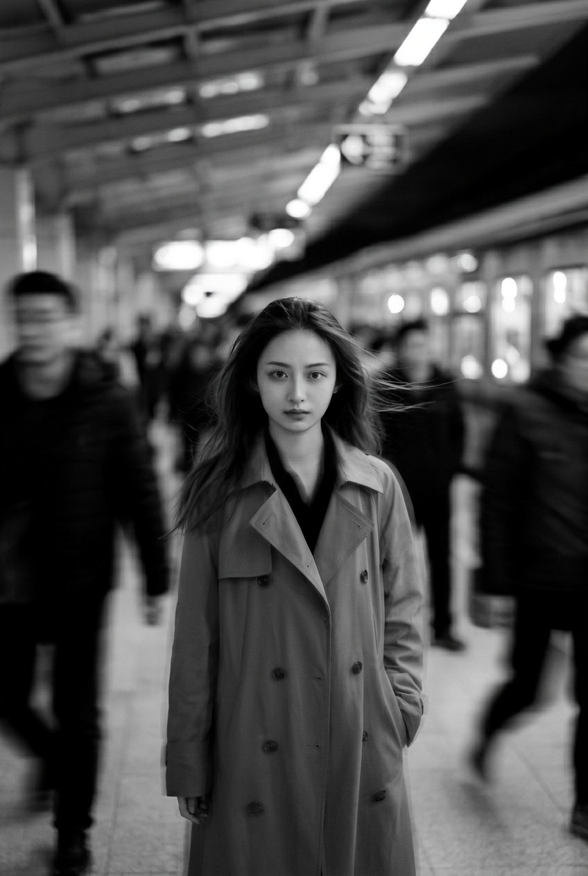 ERNIE Image sample — black and white cinematic portrait in a subway station