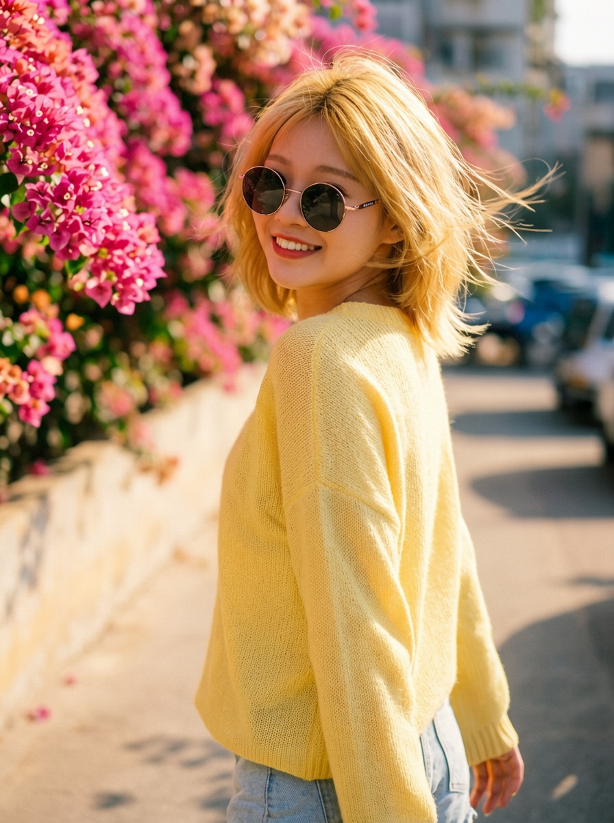 ERNIE Image sample — outdoor sunny portrait with bougainvillea flowers