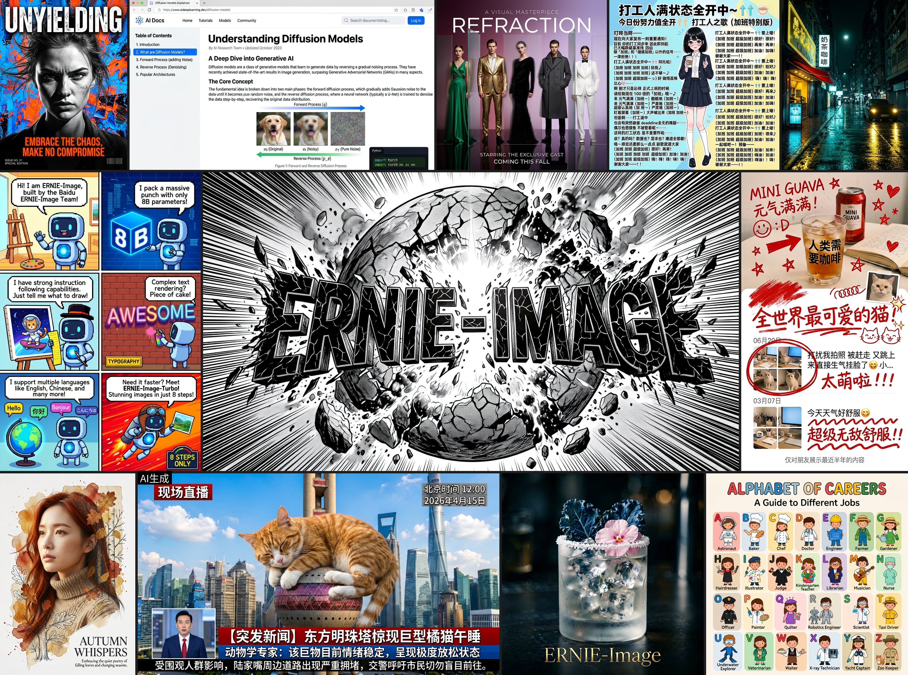 ERNIE Image capability showcase — posters, comics, realistic photos, and stylized art generated by Baidu's ERNIE Image model